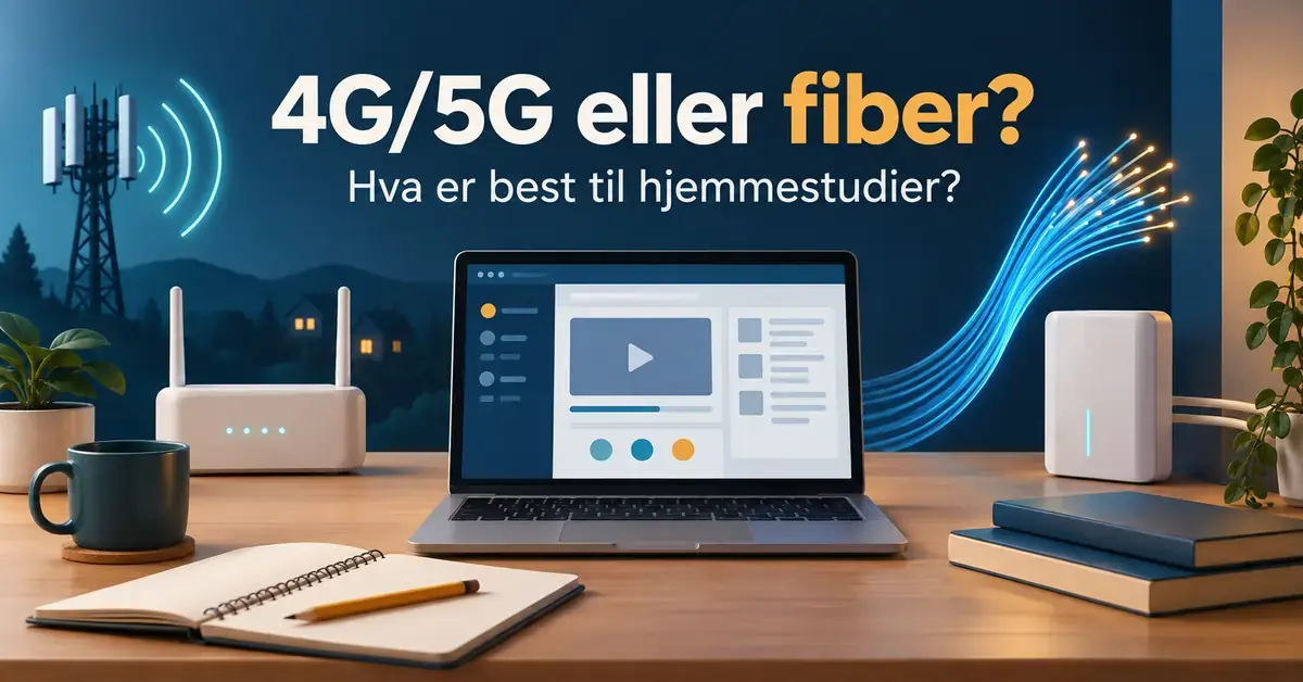 Illustrasjon av en bærbar datamaskin på en studiepult, med mobilmast og ruter på den ene siden og fiberforbindelse på den andre.