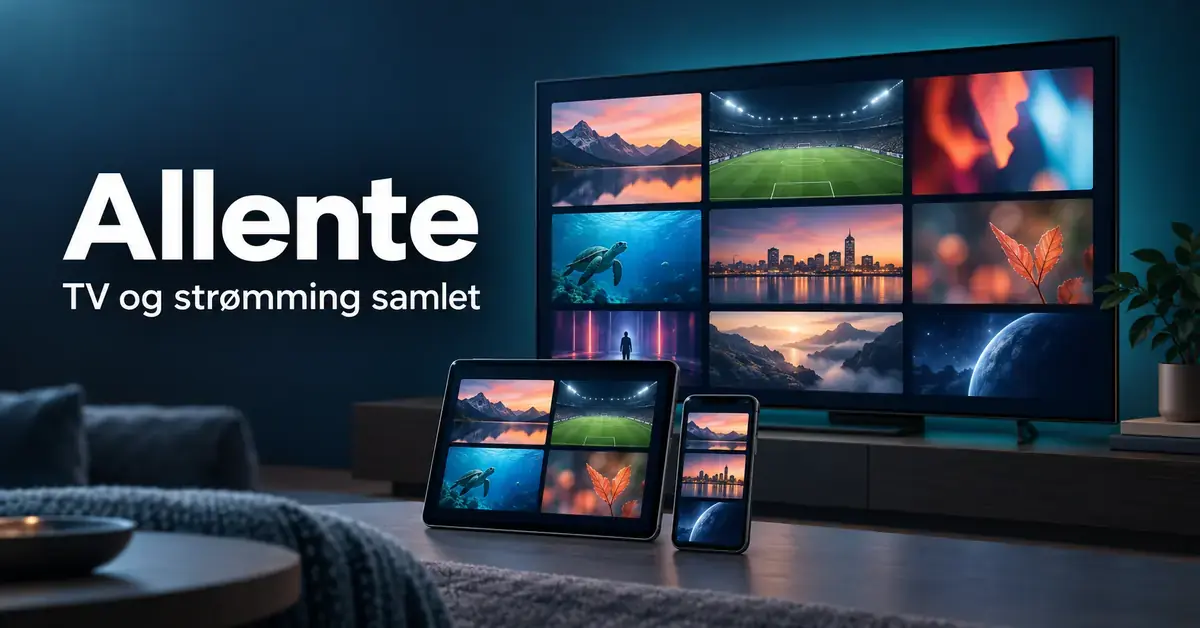 Illustrasjon av TV, nettbrett og mobil med underholdningsinnhold og teksten «Allente – TV og strømming samlet».