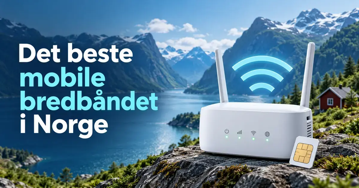 Illustrasjon av en ruter med SIM-kort og trådløst signal foran en norsk fjord, med teksten «Det beste mobile bredbåndet i Norge».