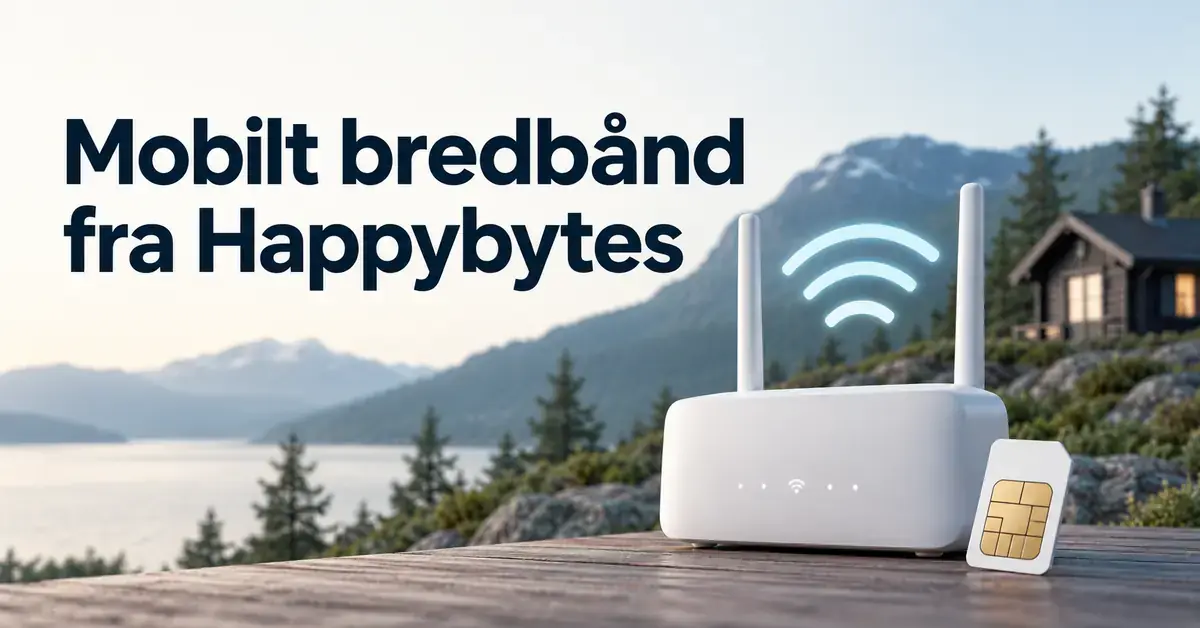 Illustrasjon av en trådløs ruter og et SIM-kort foran en hytte i norsk fjellandskap, med teksten «Mobilt bredbånd fra Happybytes».