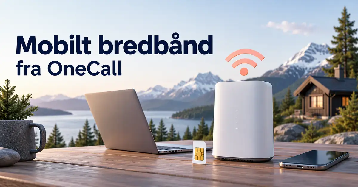 Illustrasjon av mobilt bredbånd fra OneCall med trådløs ruter, SIM-kort, bærbar PC og mobiltelefon foran en hytte i norsk fjellandskap.
