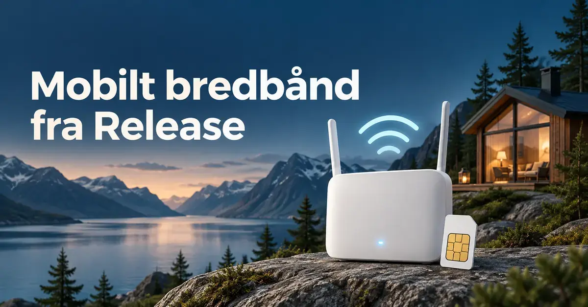Illustrasjon av en mobilruter med SIM-kort og trådløst signal ved en hytte med utsikt over fjord og fjell, med teksten «Mobilt bredbånd fra Release».