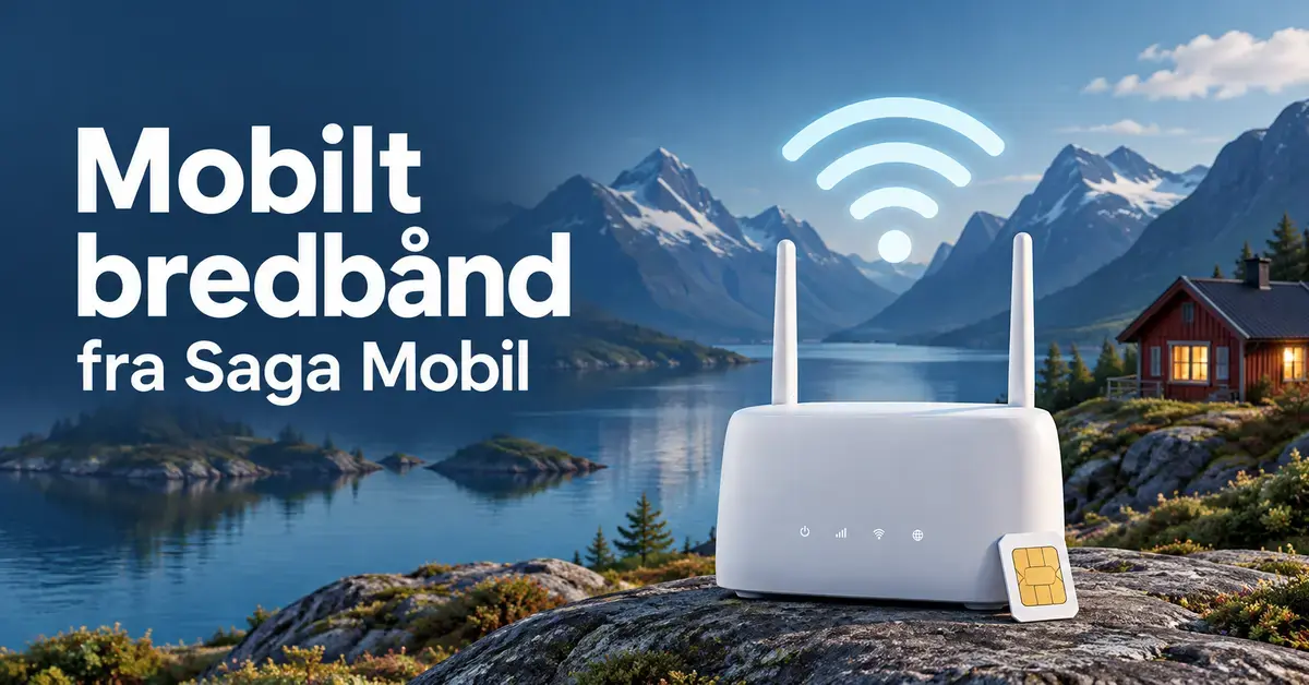 Illustrasjon av en trådløs ruter og et SIM-kort foran en norsk fjord med fjell og hytte, med teksten «Mobilt bredbånd fra Saga Mobil».