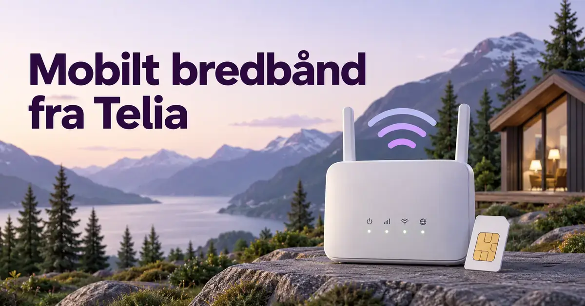 Illustrasjon av en trådløs ruter og et SIM-kort foran en hytte i norsk fjellandskap, med teksten «Mobilt bredbånd fra Telia».