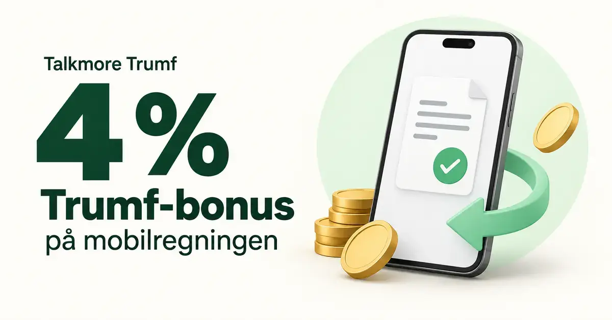 Illustrasjon av en mobiltelefon med faktura, mynter og teksten «Talkmore Trumf – 4 % Trumf-bonus på mobilregningen».