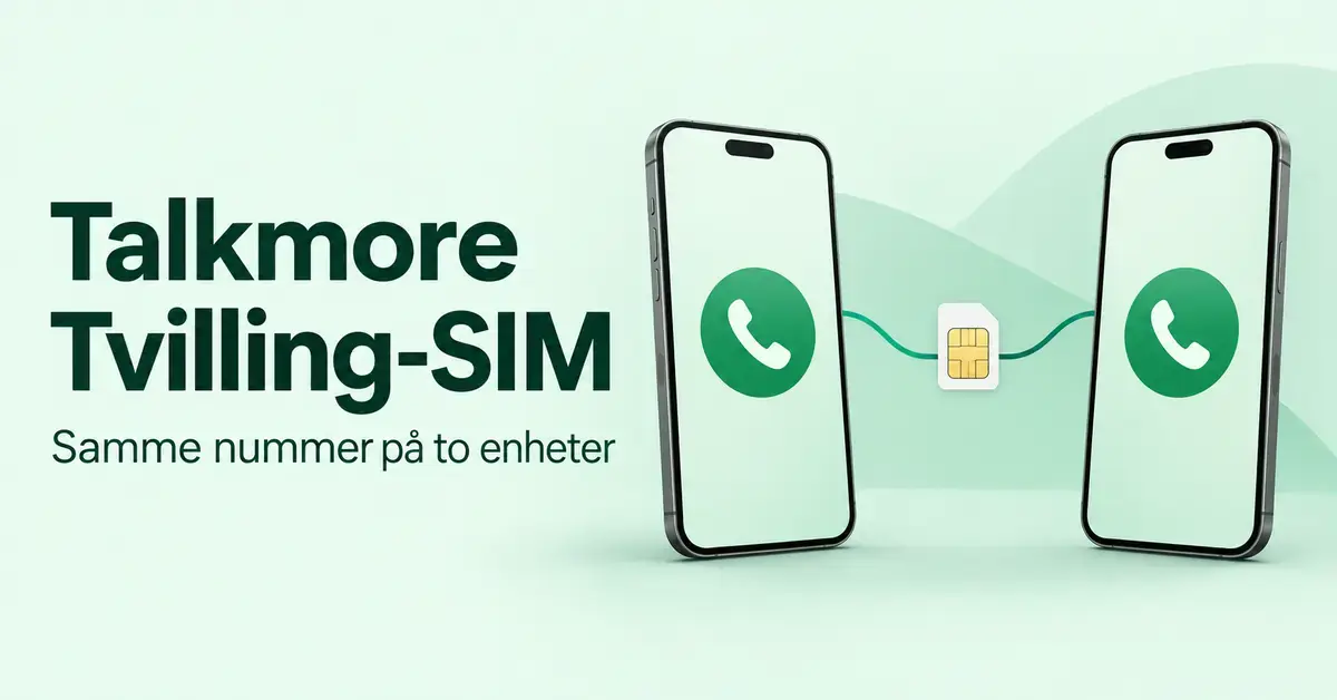 Illustrasjon av to mobiltelefoner koblet sammen via et SIM-kort, med teksten «Talkmore Tvilling-SIM – Samme nummer på to enheter».