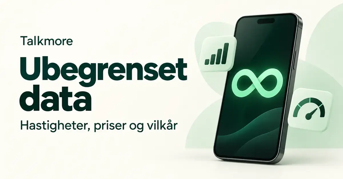 Illustrasjon av en mobiltelefon med et uendelighetssymbol, signalstolper og en hastighetsmåler ved siden av teksten «Talkmore Ubegrenset data – Hastigheter, priser og vilkår».
