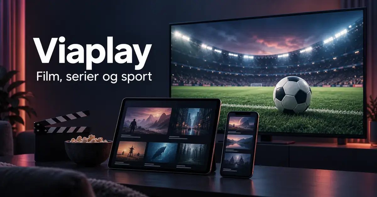 Illustrasjon av Viaplay med fotball på TV, film og serier på nettbrett og mobil og teksten «Film, serier og sport».