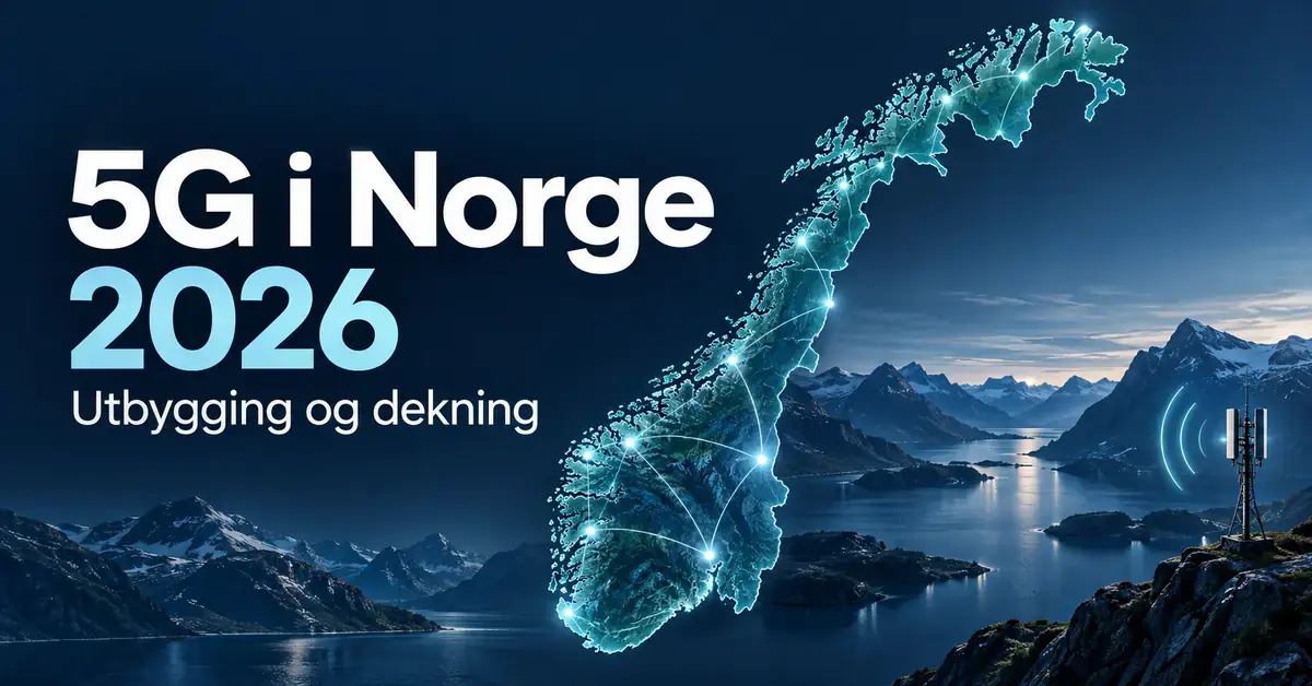 Illustrasjon av 5G i Norge i 2026 med et lysende norgeskart, nettverksforbindelser og en mobilmast i et fjordlandskap.