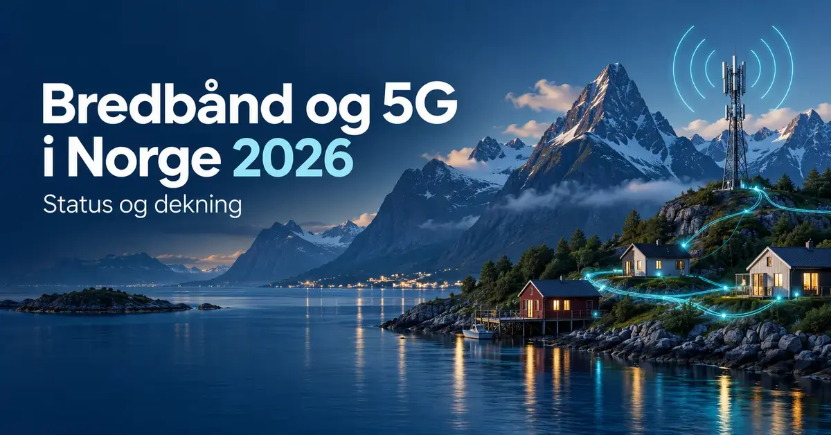 Illustrasjon av bredbånd og 5G i Norge i 2026, med en mobilmast og lysende nettverksforbindelser mellom hus i et norsk fjordlandskap.
