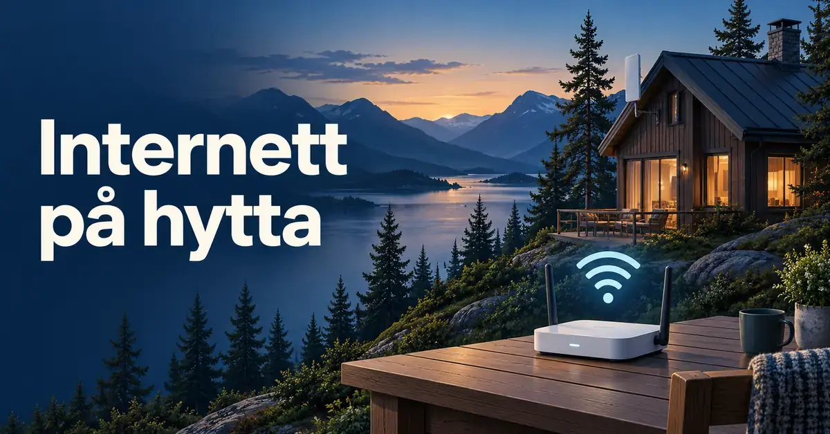 Illustrasjon av en hytte ved fjell og vann i skumringen, med en trådløs ruter, et Wi-Fi-symbol og teksten «Internett på hytta».