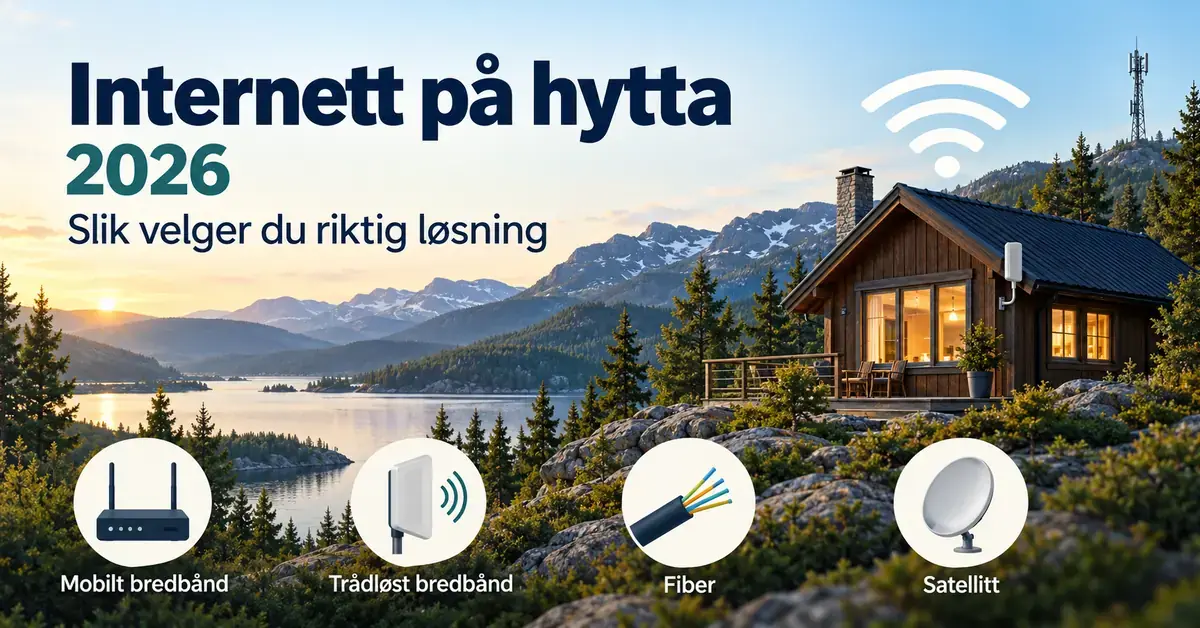 Hytte ved et fjellvann med trådløst nett og symboler for mobilt bredbånd, trådløst bredbånd, fiber og satellitt som internettløsninger i 2026.