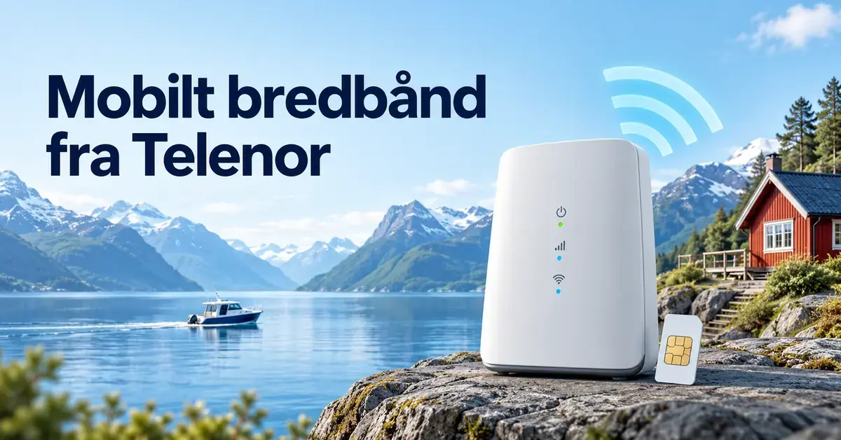 Illustrasjon av en trådløs ruter og et SIM-kort ved en norsk fjord med hytte og båt, med teksten «Mobilt bredbånd fra Telenor».