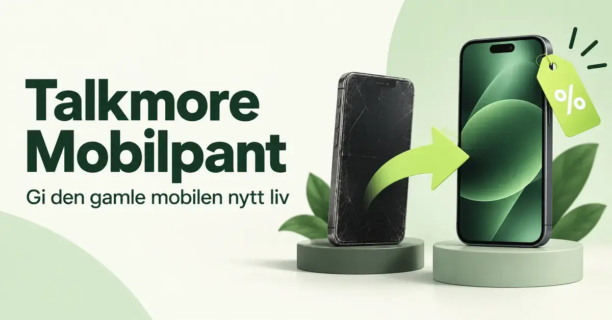Illustrasjon av en gammel mobil som byttes inn mot rabatt på en ny, med teksten «Talkmore Mobilpant – Gi den gamle mobilen nytt liv».