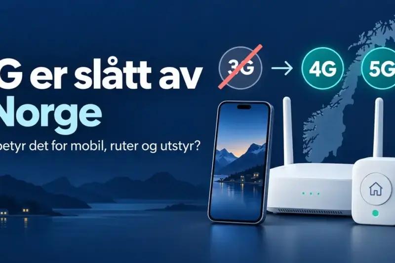 Illustrasjon av overgangen fra nedlagt 3G til 4G og 5G i Norge, med mobiltelefon, ruter og smartutstyr foran et norgeskart.