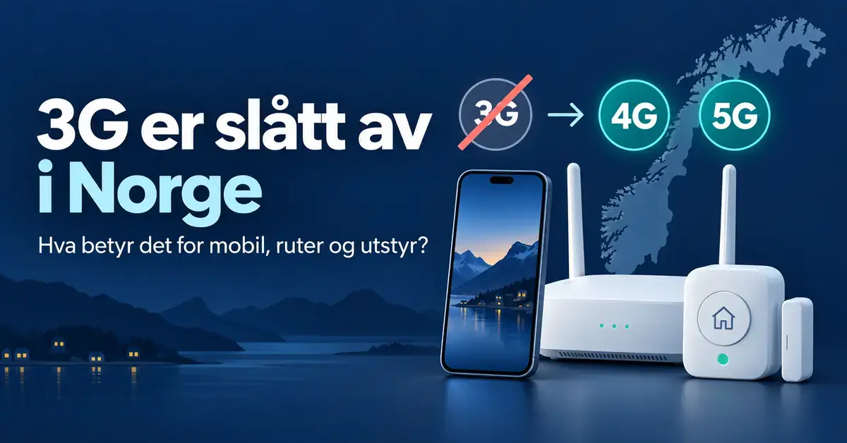 Illustrasjon av overgangen fra nedlagt 3G til 4G og 5G i Norge, med mobiltelefon, ruter og smartutstyr foran et norgeskart.