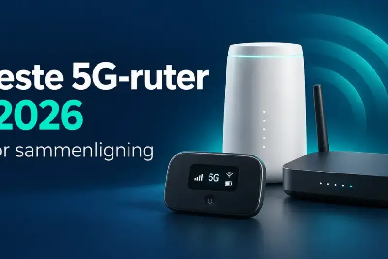 Tre ulike 5G-rutere på mørk blå bakgrunn med teksten «Beste 5G-ruter i 2026 – Stor sammenligning».