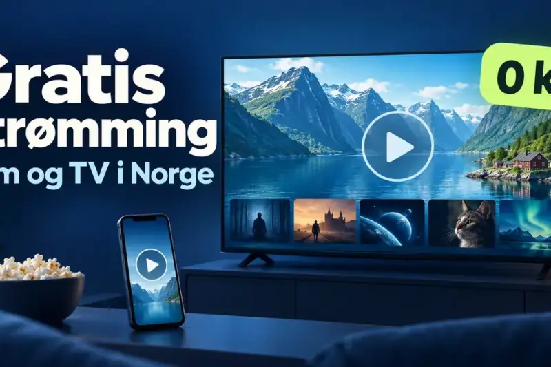 Illustrasjon av en TV og en mobil med avspillingssymboler, norsk fjordlandskap og teksten «Gratis strømming – Film og TV i Norge» samt et merke med «0 kr».