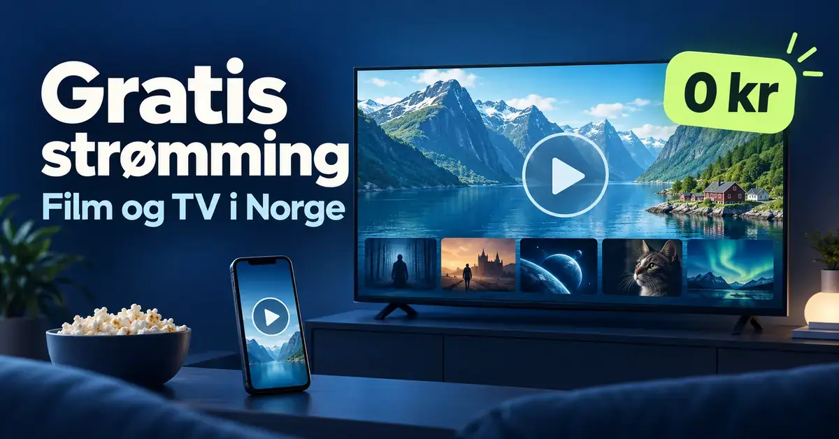 Illustrasjon av en TV og en mobil med avspillingssymboler, norsk fjordlandskap og teksten «Gratis strømming – Film og TV i Norge» samt et merke med «0 kr».