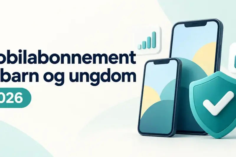 To mobiltelefoner med skjold, hake og hengelås illustrerer trygge mobilabonnementer til barn og ungdom i 2026.