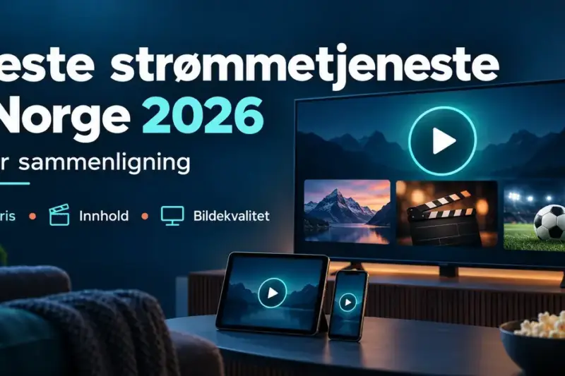 Illustrasjon av TV, nettbrett og mobil med strømmeinnhold og teksten «Beste strømmetjeneste i Norge 2026», med vekt på pris, innhold og bildekvalitet.
