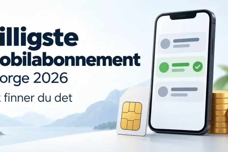 Illustrasjon av en mobiltelefon med sammenligning av abonnementer, et SIM-kort og mynter ved siden av teksten «Billigste mobilabonnement i Norge 2026 – Slik finner du det».