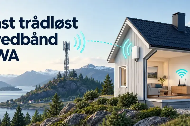 Illustrasjon av fast trådløst bredbånd med signaler fra en mobilmast til en utendørs antenne på et hus og en ruter som gir trådløst nett inne.