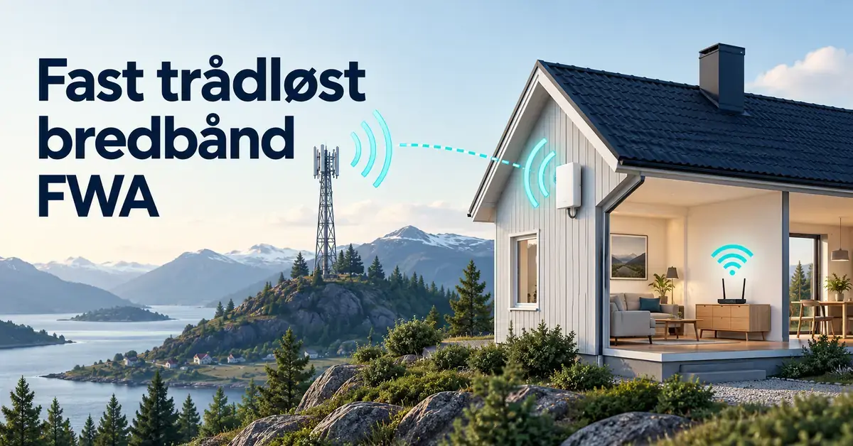 Illustrasjon av fast trådløst bredbånd med signaler fra en mobilmast til en utendørs antenne på et hus og en ruter som gir trådløst nett inne.