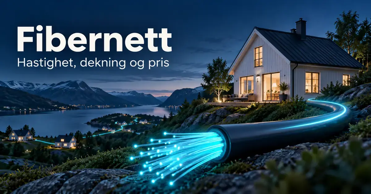 Illustrasjon av en lysende fiberoptisk kabel koblet til boliger i et norsk fjordlandskap, med teksten «Fibernett – Hastighet, dekning og pris».