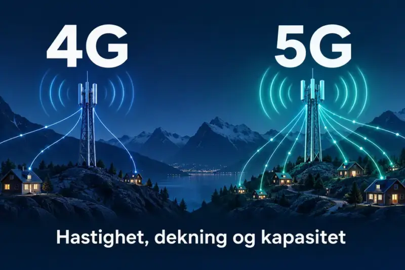 Illustrasjon av 4G og 5G med mobilmaster og forbindelser til hus i et norsk fjellandskap, med teksten «Hastighet, dekning og kapasitet».