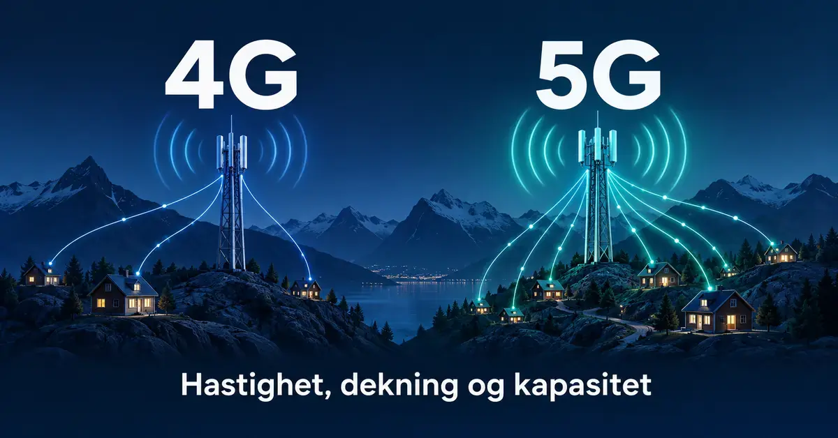 Illustrasjon av 4G og 5G med mobilmaster og forbindelser til hus i et norsk fjellandskap, med teksten «Hastighet, dekning og kapasitet».