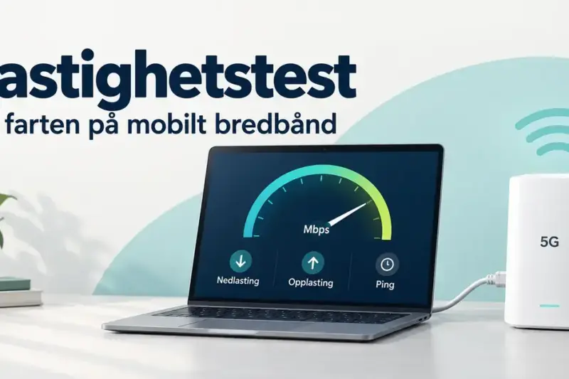 En bærbar PC viser en hastighetstest med nedlasting, opplasting og ping og er koblet med kabel til en 5G-ruter.