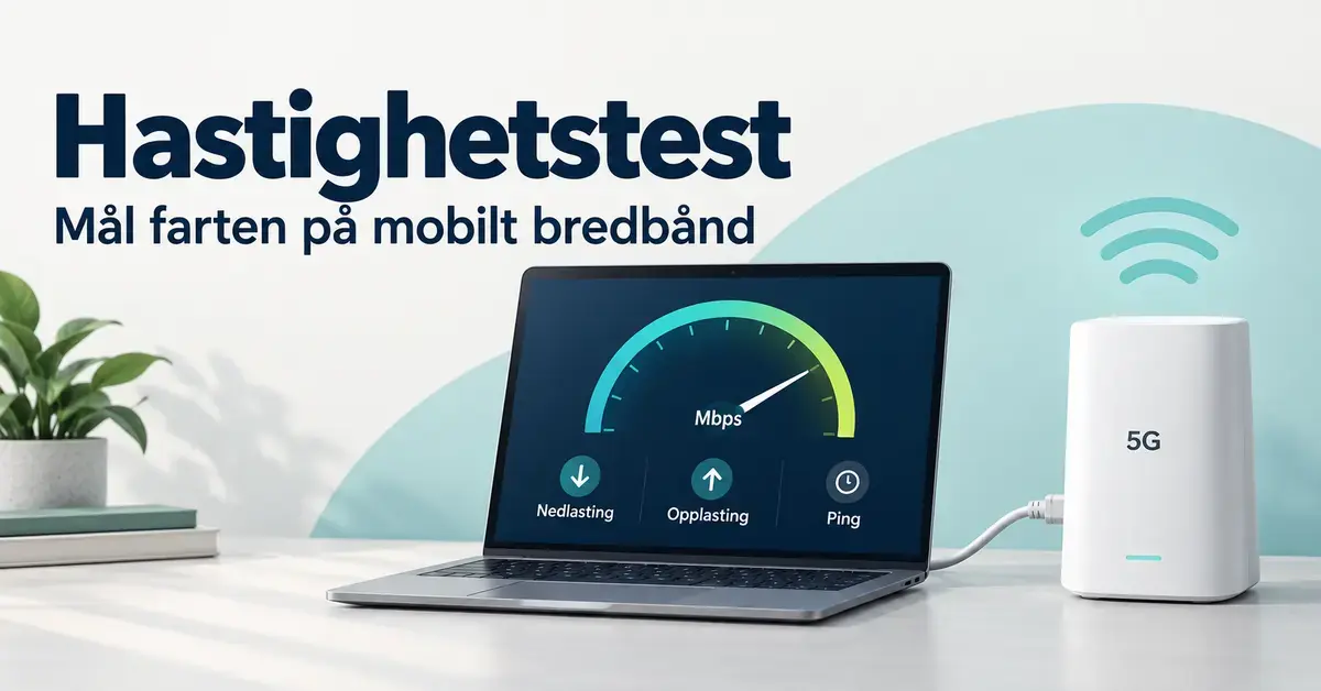 En bærbar PC viser en hastighetstest med nedlasting, opplasting og ping og er koblet med kabel til en 5G-ruter.
