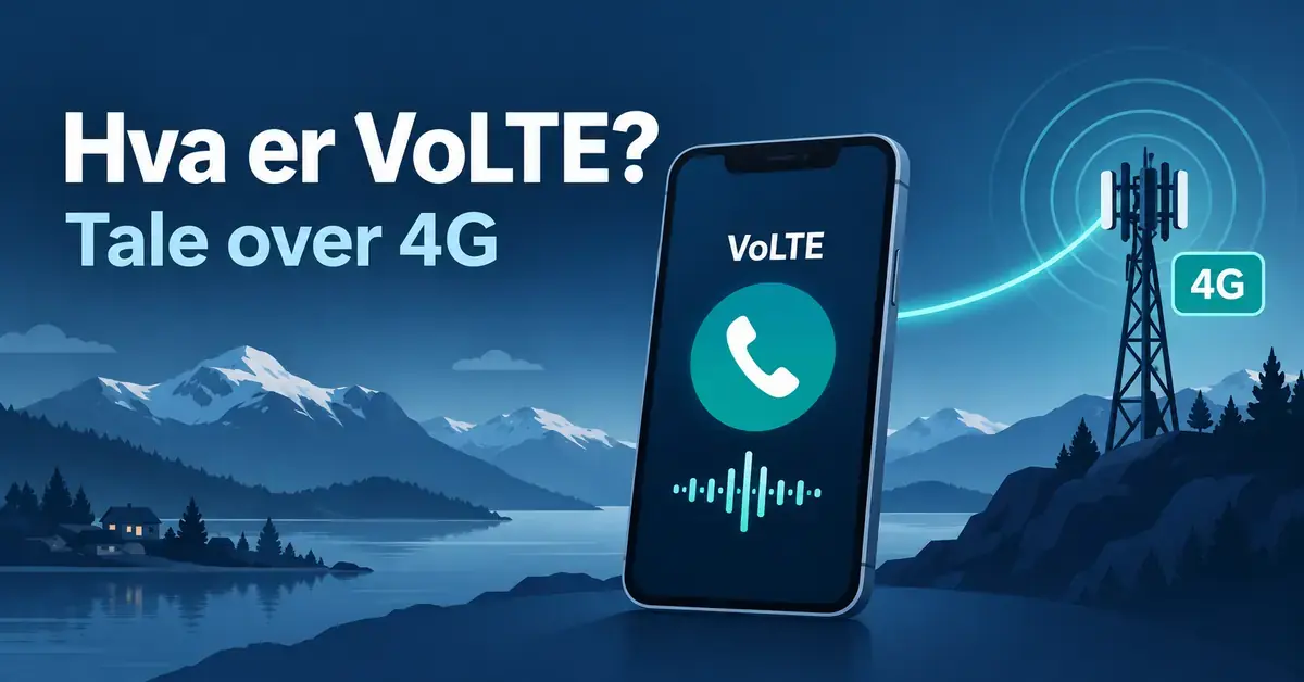 Illustrasjon av en mobiltelefon med VoLTE koblet til en 4G-mast i et norsk fjordlandskap, med teksten «Hva er VoLTE? Tale over 4G».
