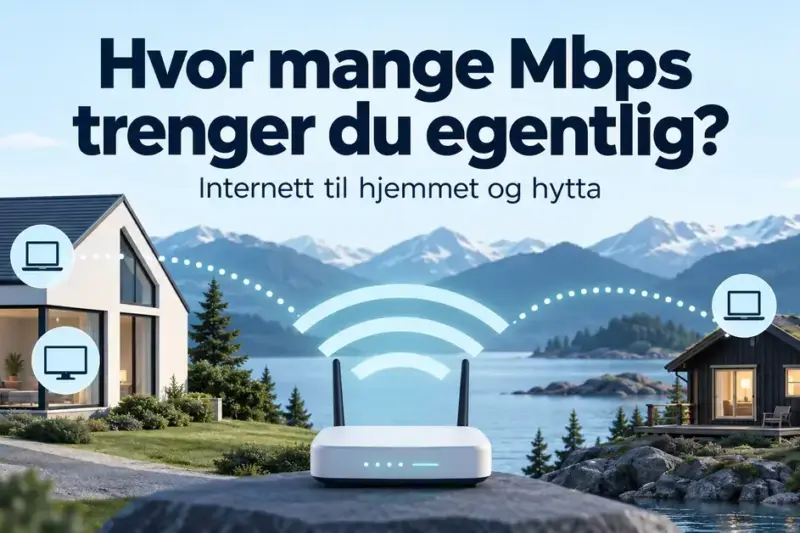 Illustrasjon av en bolig og en hytte koblet til en trådløs ruter, med teksten «Hvor mange Mbps trenger du egentlig?».