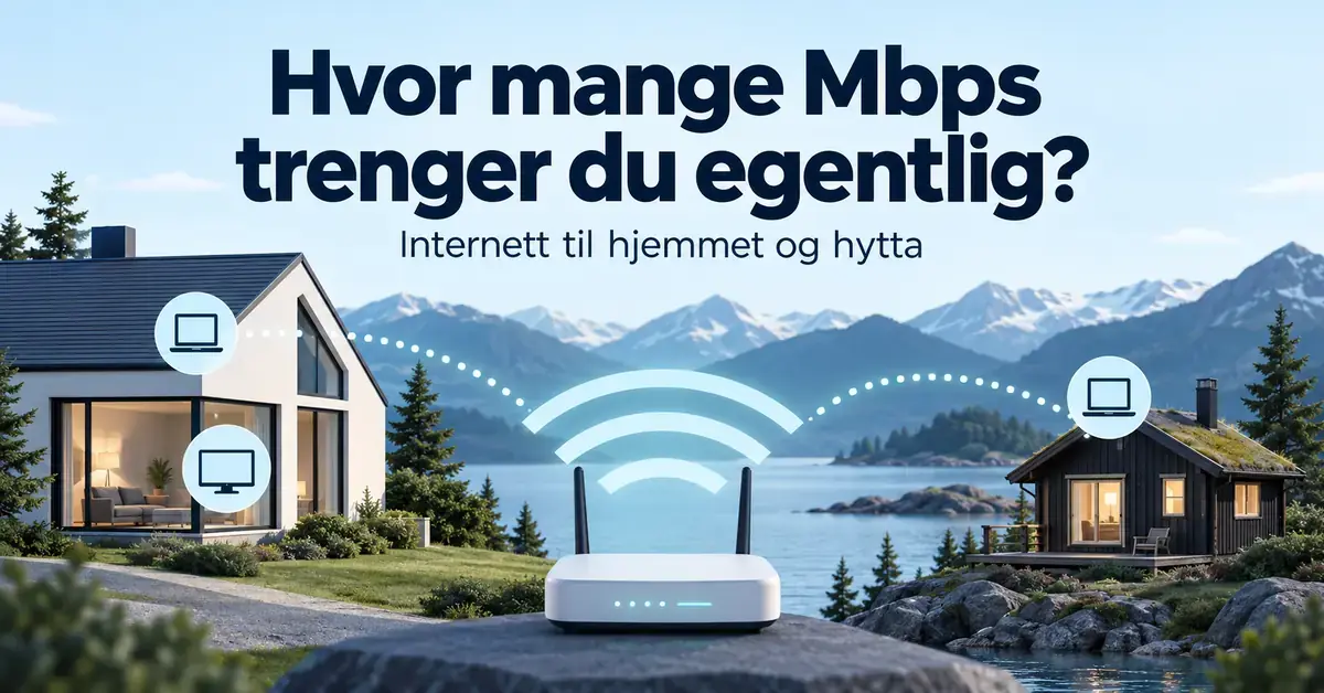 Illustrasjon av en bolig og en hytte koblet til en trådløs ruter, med teksten «Hvor mange Mbps trenger du egentlig?».