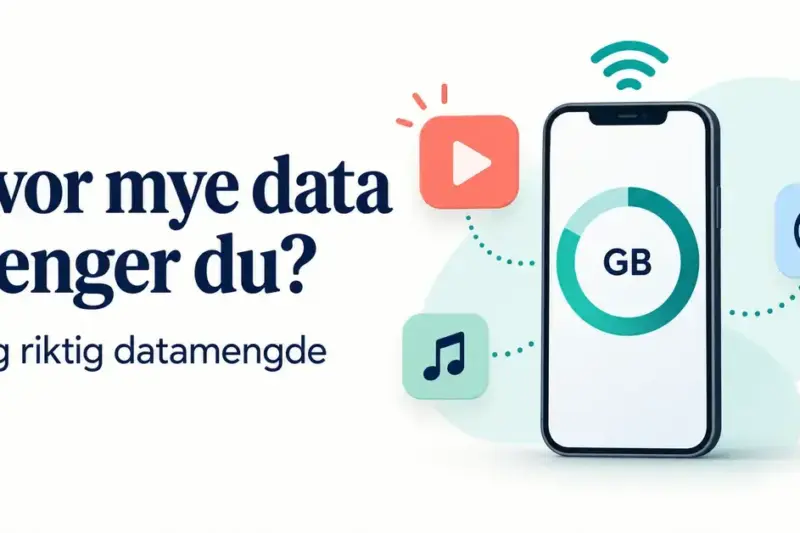 Illustrasjon av en mobiltelefon med datamåler og symboler for video, musikk, nettlesing og wifi, med teksten «Hvor mye data trenger du? Velg riktig datamengde».