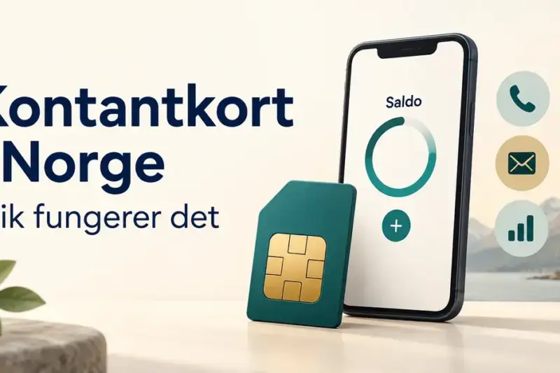 Illustrasjon av et SIM-kort og en mobiltelefon med saldovisning, med teksten «Kontantkort i Norge – Slik fungerer det» og ikoner for samtaler, meldinger og mobildata.