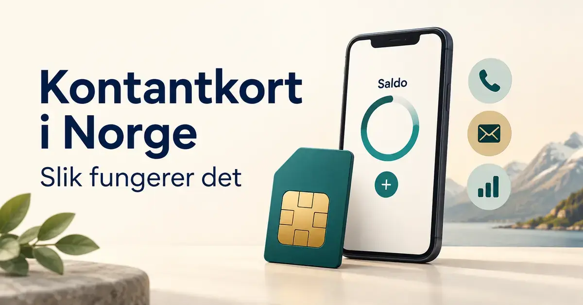 Illustrasjon av et SIM-kort og en mobiltelefon med saldovisning, med teksten «Kontantkort i Norge – Slik fungerer det» og ikoner for samtaler, meldinger og mobildata.
