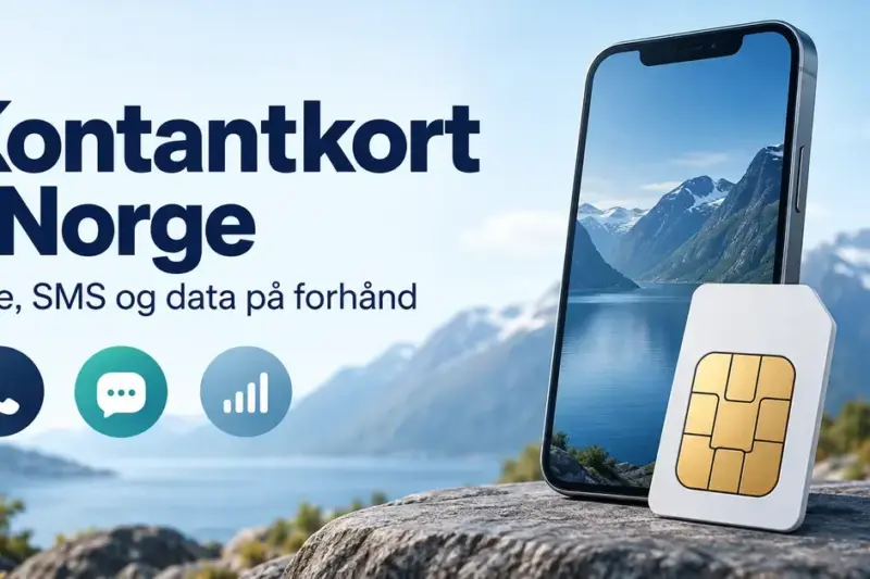 Illustrasjon av en mobiltelefon og et SIM-kort med norsk flagg og symboler for tale, SMS og data, sammen med teksten «Kontantkort i Norge».