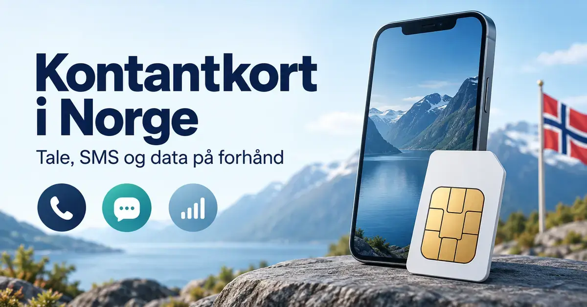 Illustrasjon av en mobiltelefon og et SIM-kort med norsk flagg og symboler for tale, SMS og data, sammen med teksten «Kontantkort i Norge».