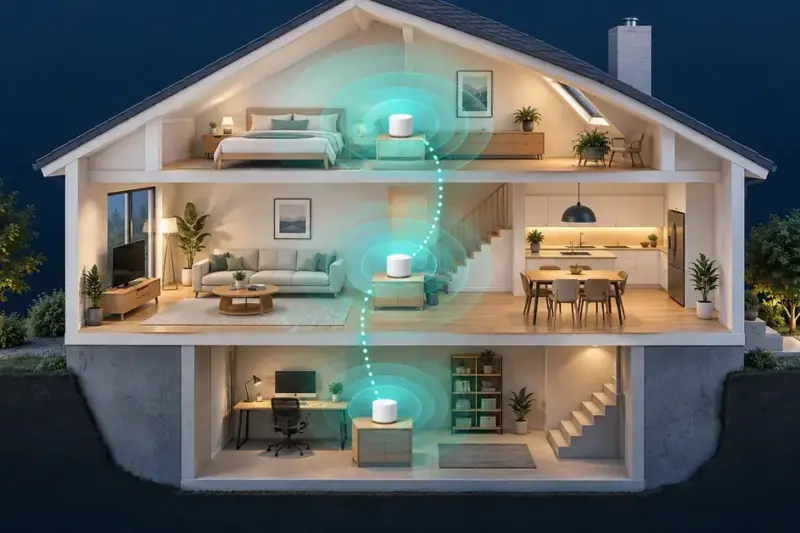 Illustrasjon av tre mesh wifi-enheter som samarbeider om å gi trådløs dekning i soverommet, stuen og kjelleren i en bolig.