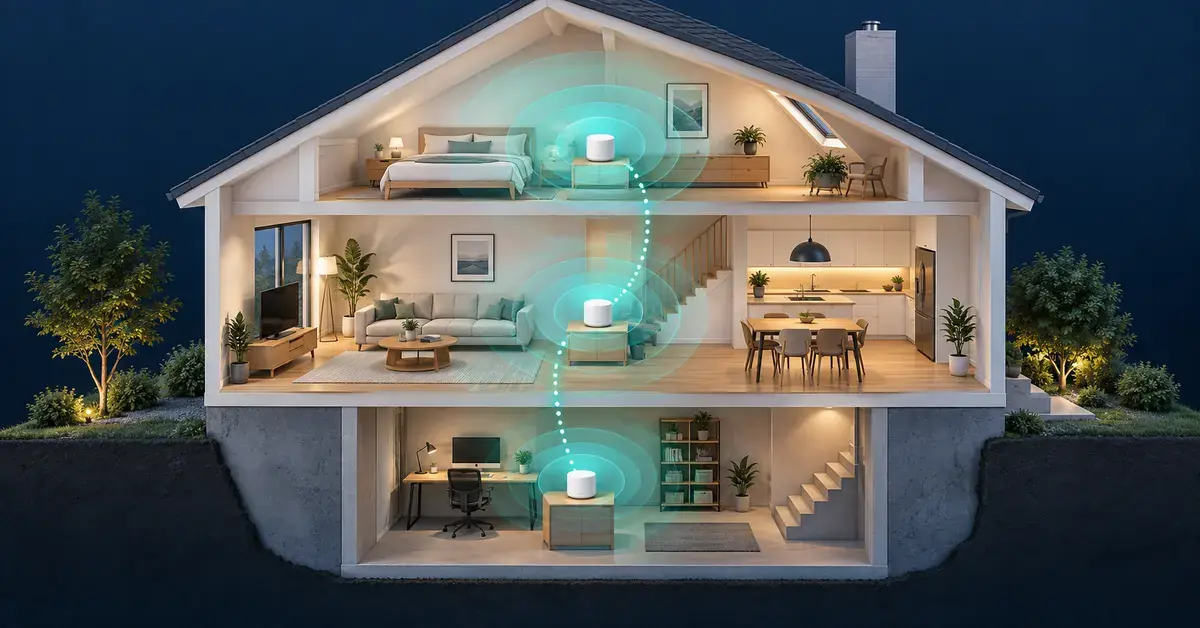Illustrasjon av tre mesh wifi-enheter som samarbeider om å gi trådløs dekning i soverommet, stuen og kjelleren i en bolig.