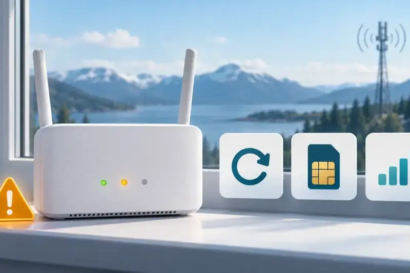 Illustrasjon av en ruter med varsellampe ved et vindu, med symboler for omstart, SIM-kort og signalstyrke og en mobilmast i bakgrunnen.