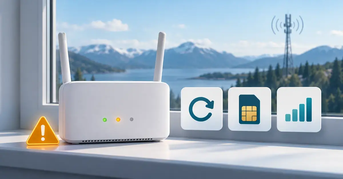 Illustrasjon av en ruter med varsellampe ved et vindu, med symboler for omstart, SIM-kort og signalstyrke og en mobilmast i bakgrunnen.