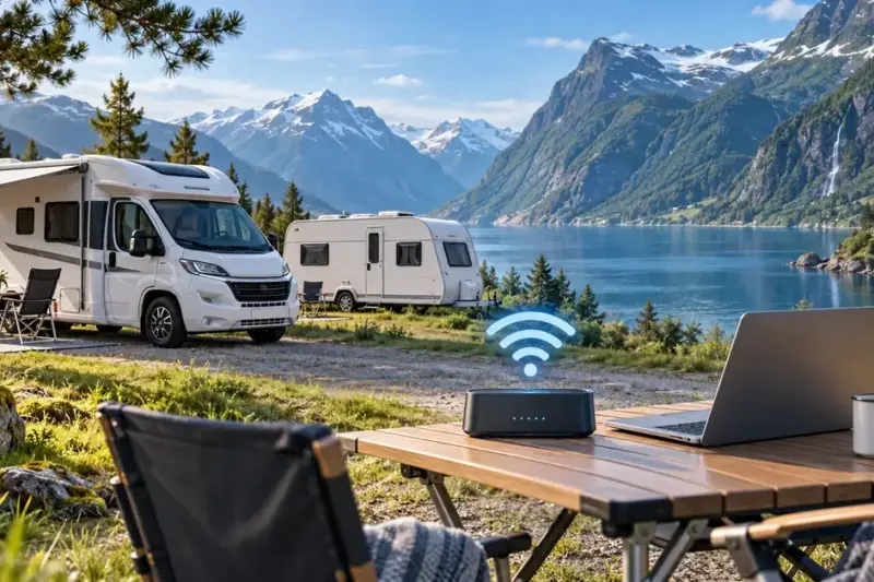 En bobil og en campingvogn står ved en norsk fjord, med en mobil bredbåndsruter, et wifi-symbol og en bærbar PC på campingbordet.