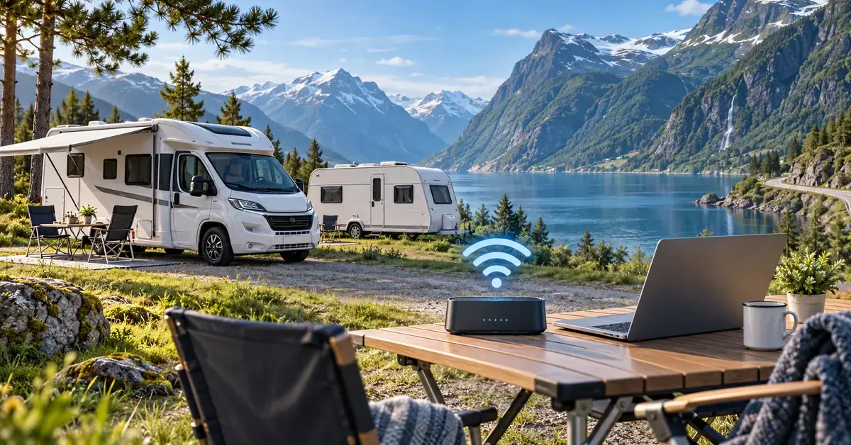 En bobil og en campingvogn står ved en norsk fjord, med en mobil bredbåndsruter, et wifi-symbol og en bærbar PC på campingbordet.