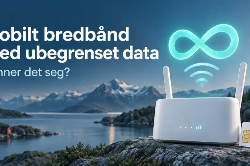 Illustrasjon av en mobilruter med SIM-kort og uendelighetssymbol foran et norsk fjordlandskap, med teksten «Mobilt bredbånd med ubegrenset data – Lønner det seg?».