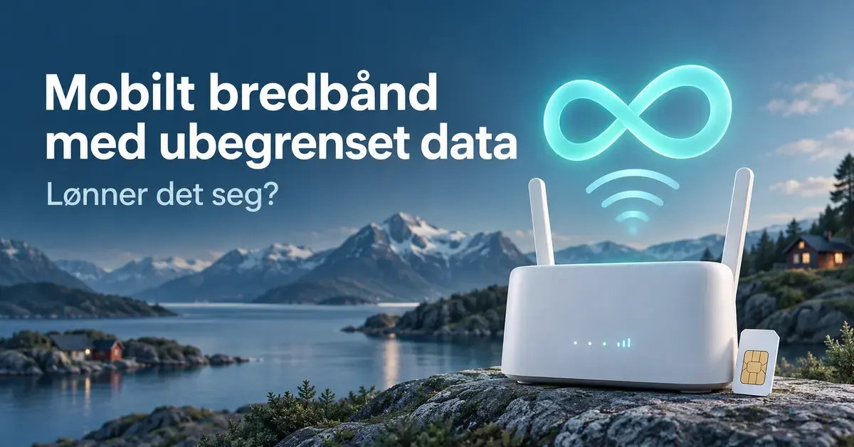 Illustrasjon av en mobilruter med SIM-kort og uendelighetssymbol foran et norsk fjordlandskap, med teksten «Mobilt bredbånd med ubegrenset data – Lønner det seg?».