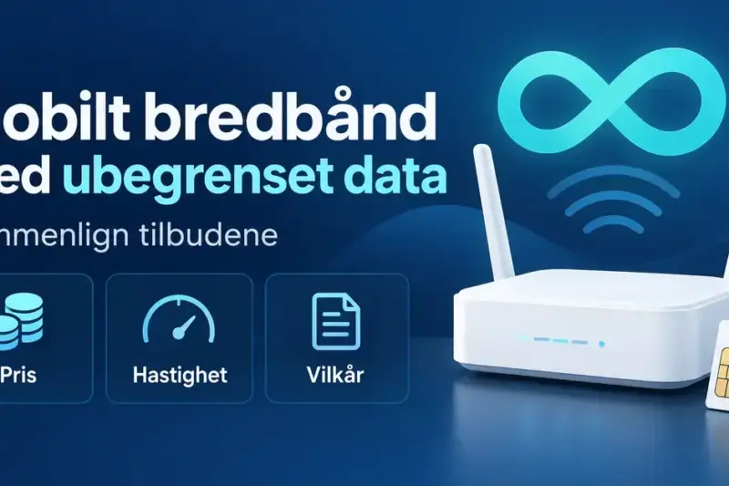 Illustrasjon av en trådløs ruter, et SIM-kort og et uendelighetssymbol med tekst om mobilt bredbånd med ubegrenset data og sammenligning av pris, hastighet og vilkår.